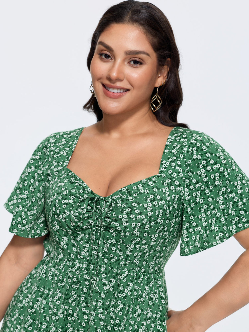 Ditsy Floral Sweetheart Drawstring Pocket Tiered Dress