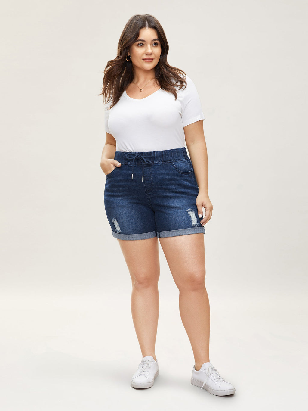 Pull-On Drawstring Elastic Waist Denim Shorts