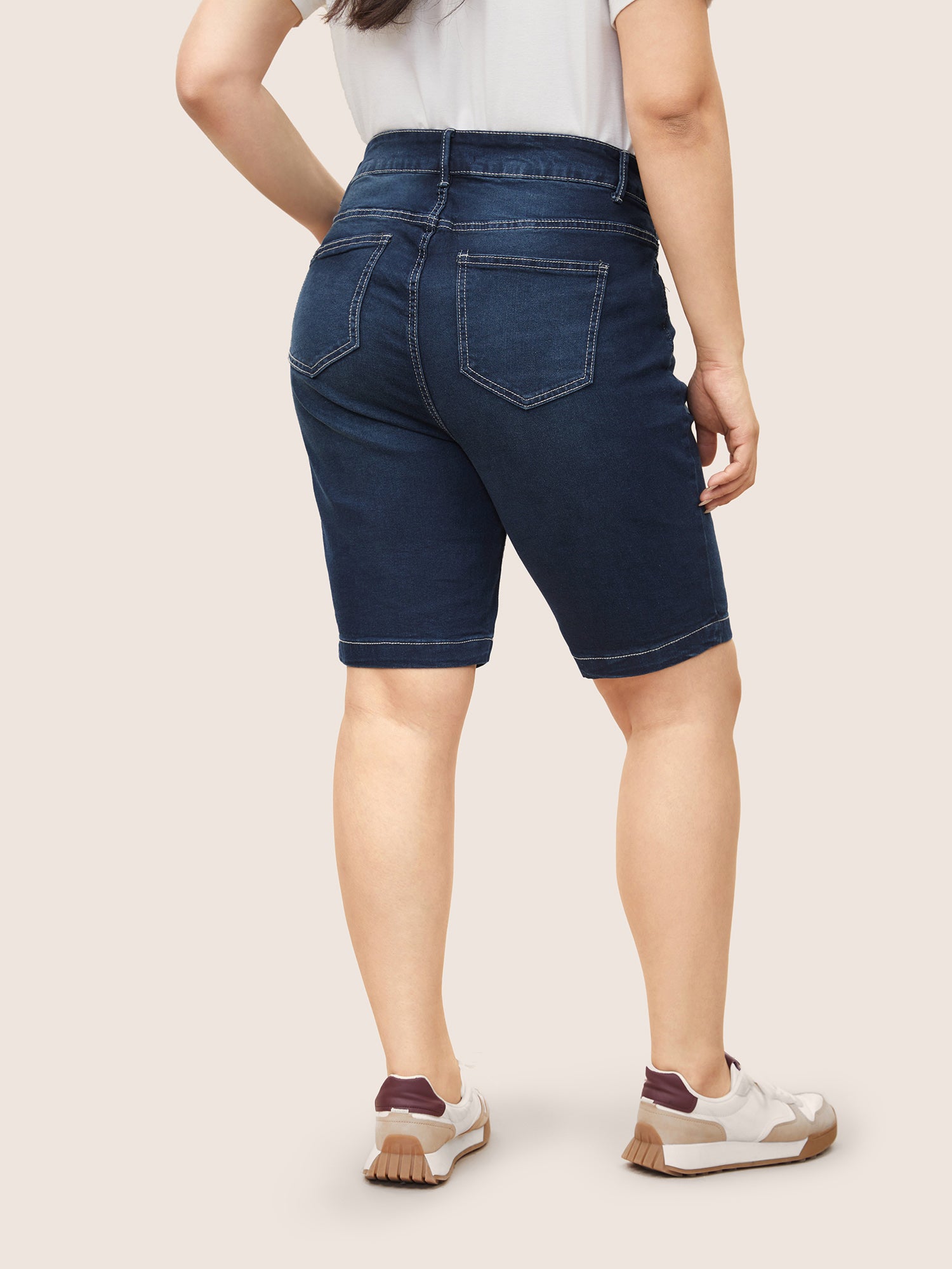 High Rise Knee-Length Skinny-Fit Denim Shorts
