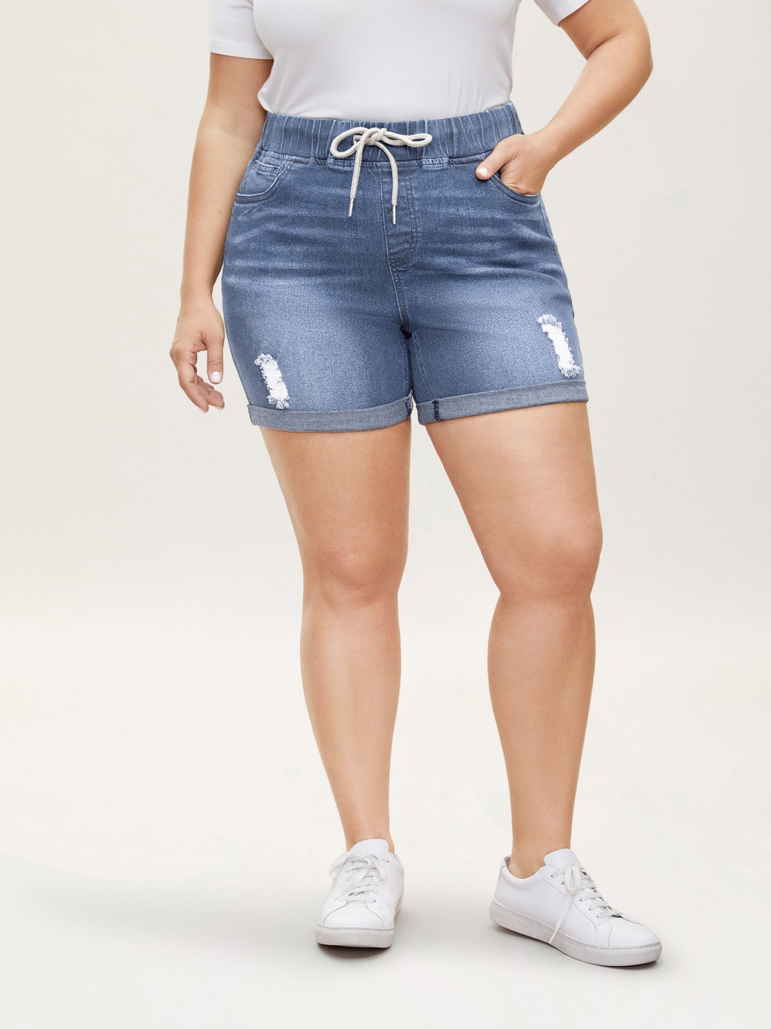 Pull-On Drawstring Elastic Waist Denim Shorts