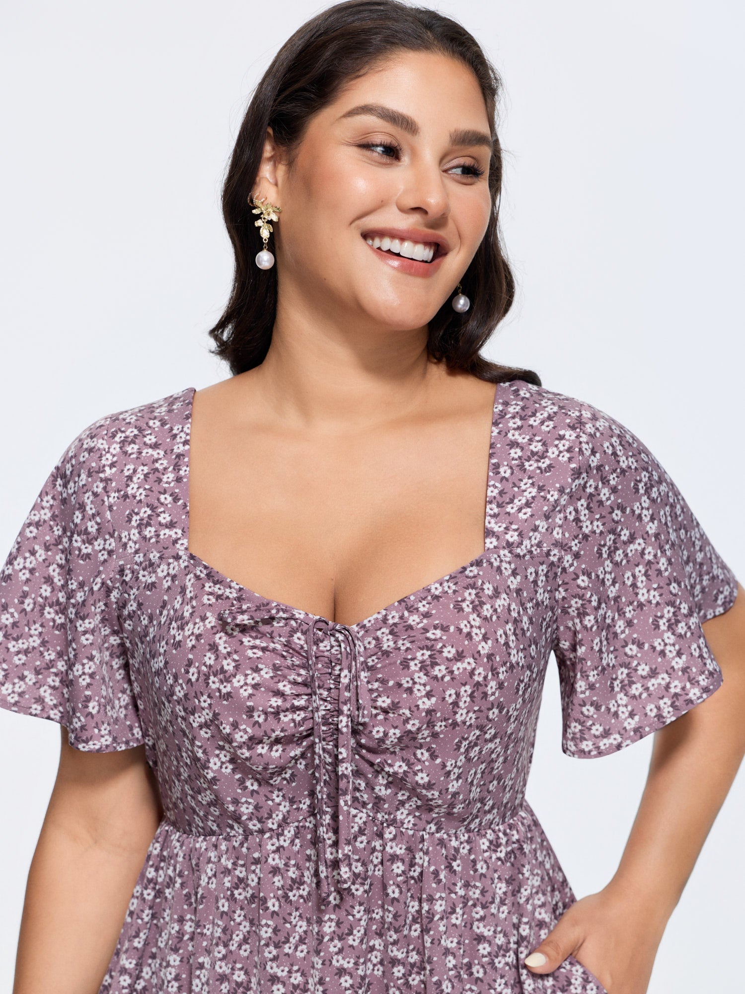Ditsy Floral Sweetheart Drawstring Pocket Tiered Dress