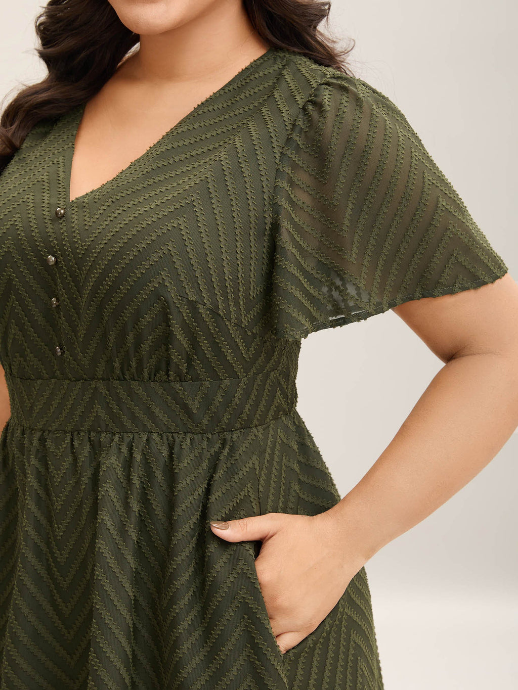 Textured Woven-Like Cinched-Waist Midi Dress