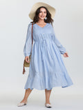 Cotton Striped Waist-Drawstring Tiered Midi Dress