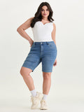 High Rise Knee-Length Skinny-Fit Denim Shorts