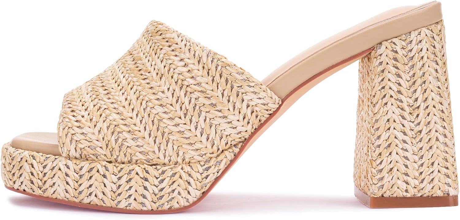 Women's raffia high-heeled sandals, platform wedge heel, slip-on chunky heel, elegant summer open-toe chunky heel resort beach mules